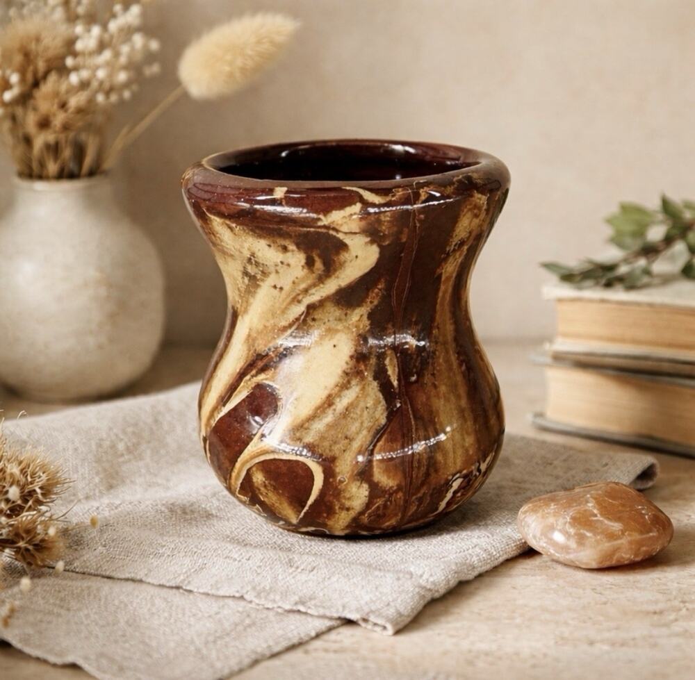 Vintage Clays in Calico Montana Studio Pottery Vase Brown Cream Swirl Glaze MCM